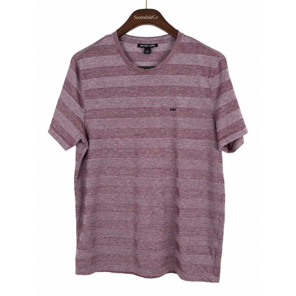 Michael Kors T-Shirt Mens M Burgundy Purple Stripe Embroidered MK Logo Crew Neck
